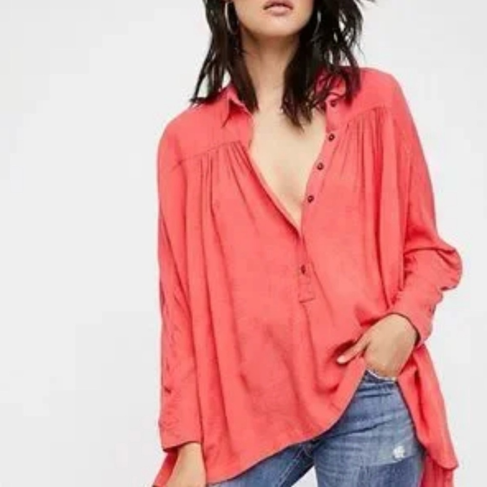 Free People Coral Button-Up Blouse